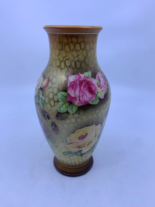 vtg BROWN VASE W/ HEXAGON PATTERN AND ROSES.