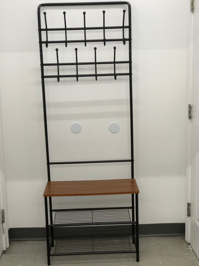 HALL TREE W/COAT HOOKS, SHOE STORAGE- BLACK METAL.
