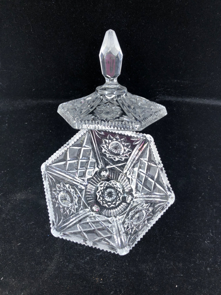 CUT GLASS FOOTED CANDY DISH W LID.