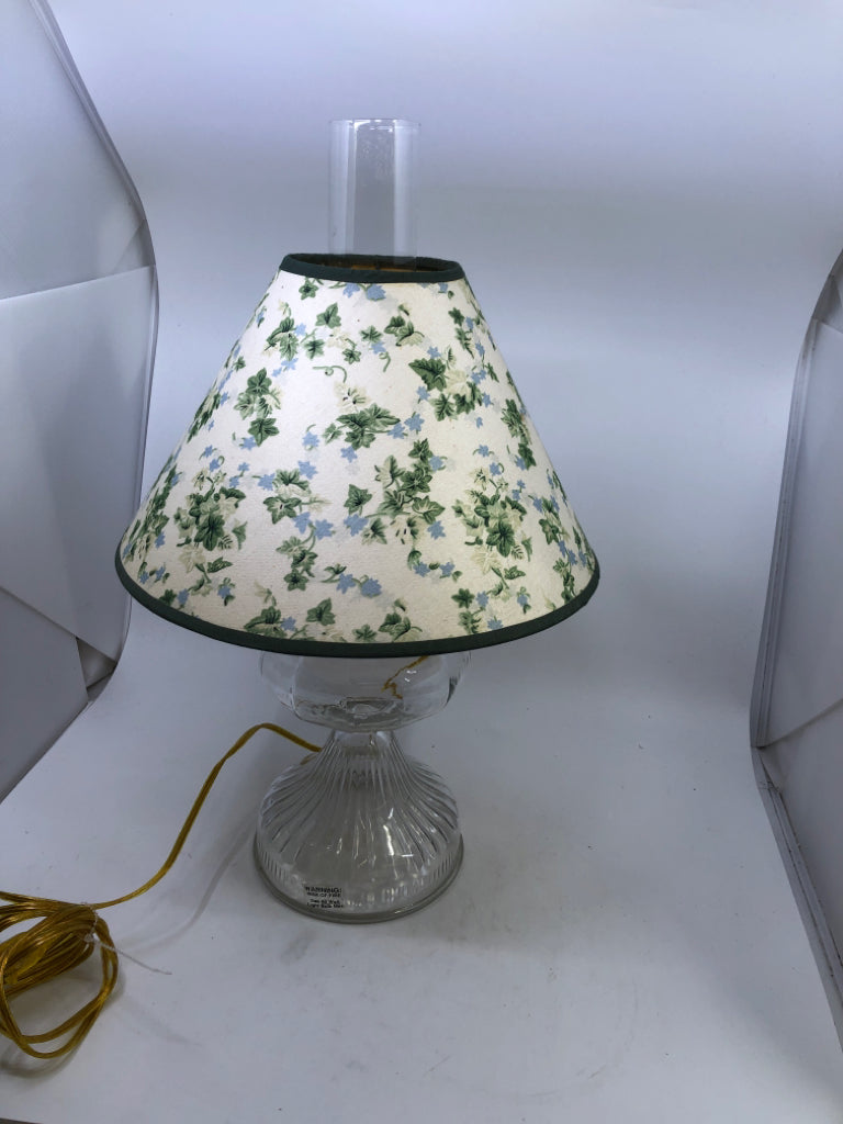 OIL LAMP STYLE GLASS BASE W/ SHADE + IVY SHADE.