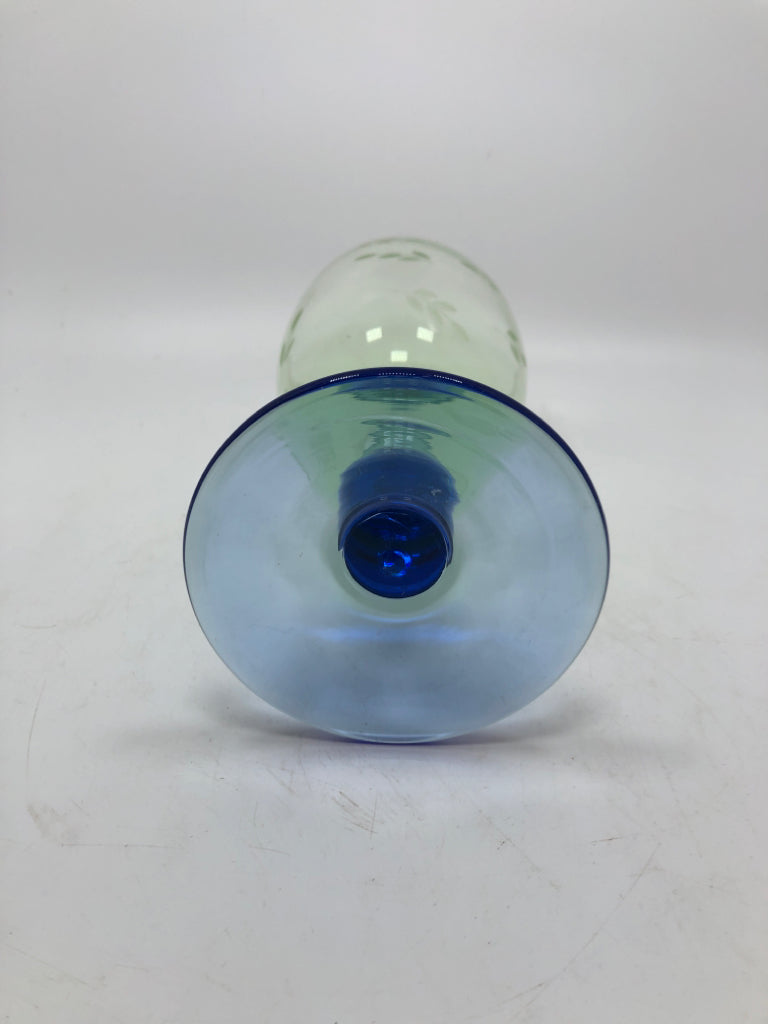 6 BLUE STEM GREEN GLASS GOBLETS.