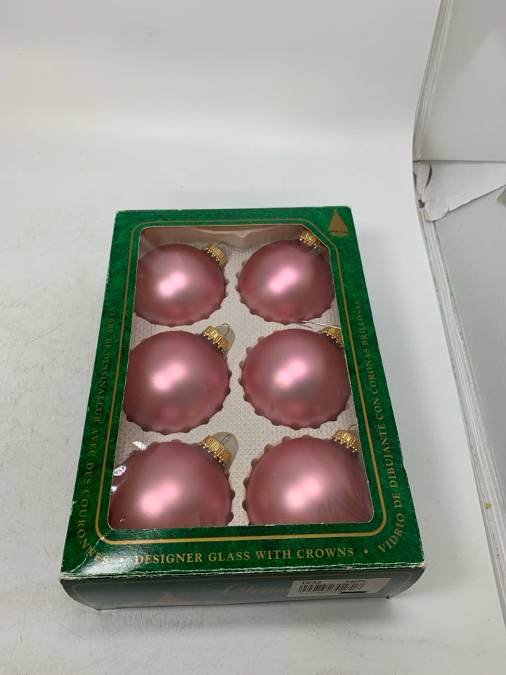 6 LIGHT PINK GLASS ORNAMENTS IN BOX CHRISTMAS BY KREBS.