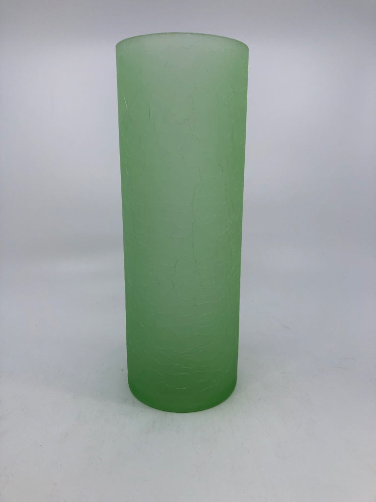 FROSTED GREEN CRACKLE GLASS CYLINDER CANDLE HOLDER.