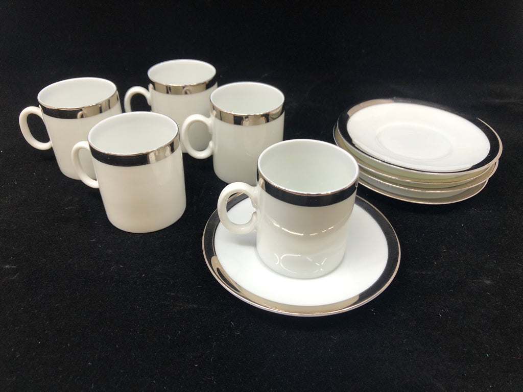 10 PC WHITE/SILVER ESPRESSO CUPS AND SAUCERS.