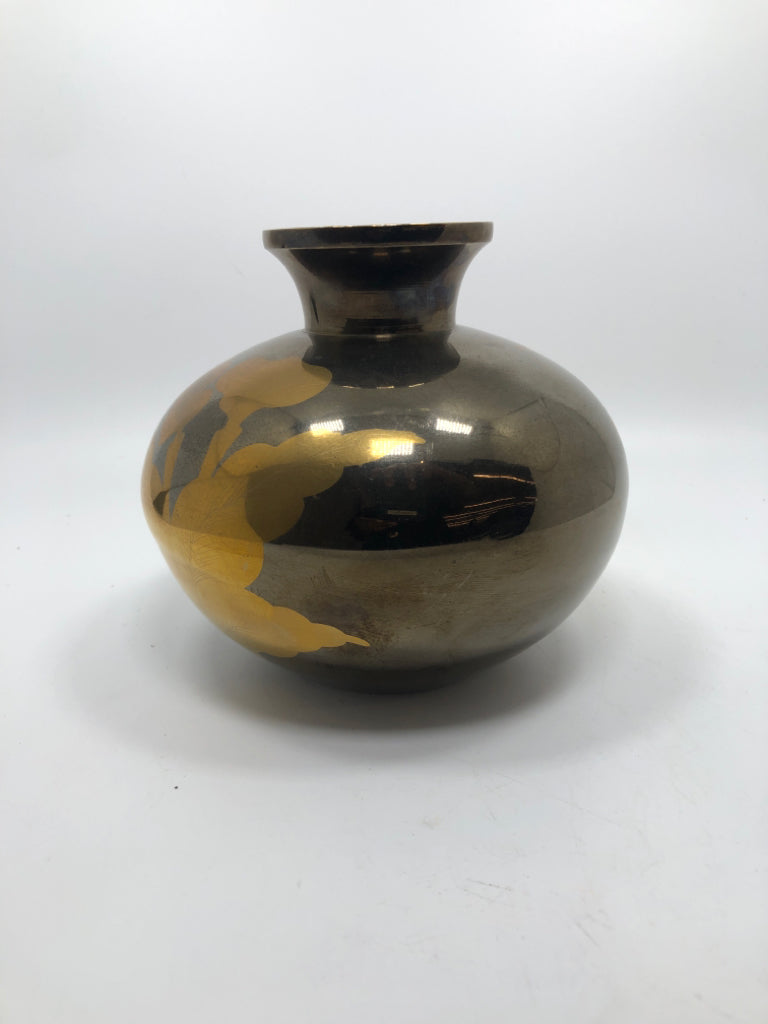 BRASS VASE W/FLORAL DESIGN.