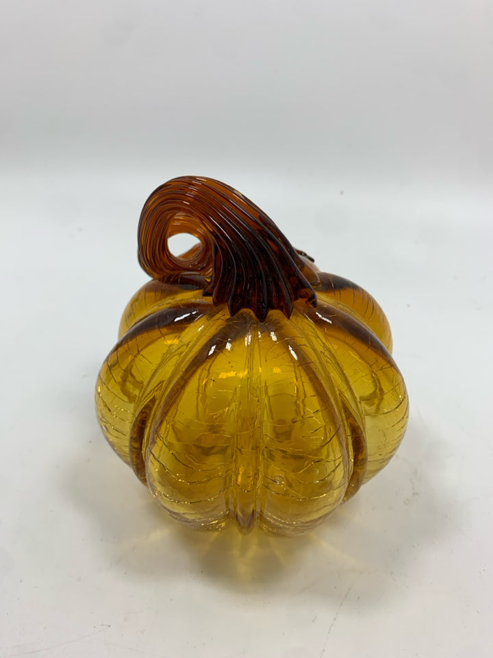 AMBER GLASS BLOWN PUMPKIN W/SPIRAL GLASS STEM.