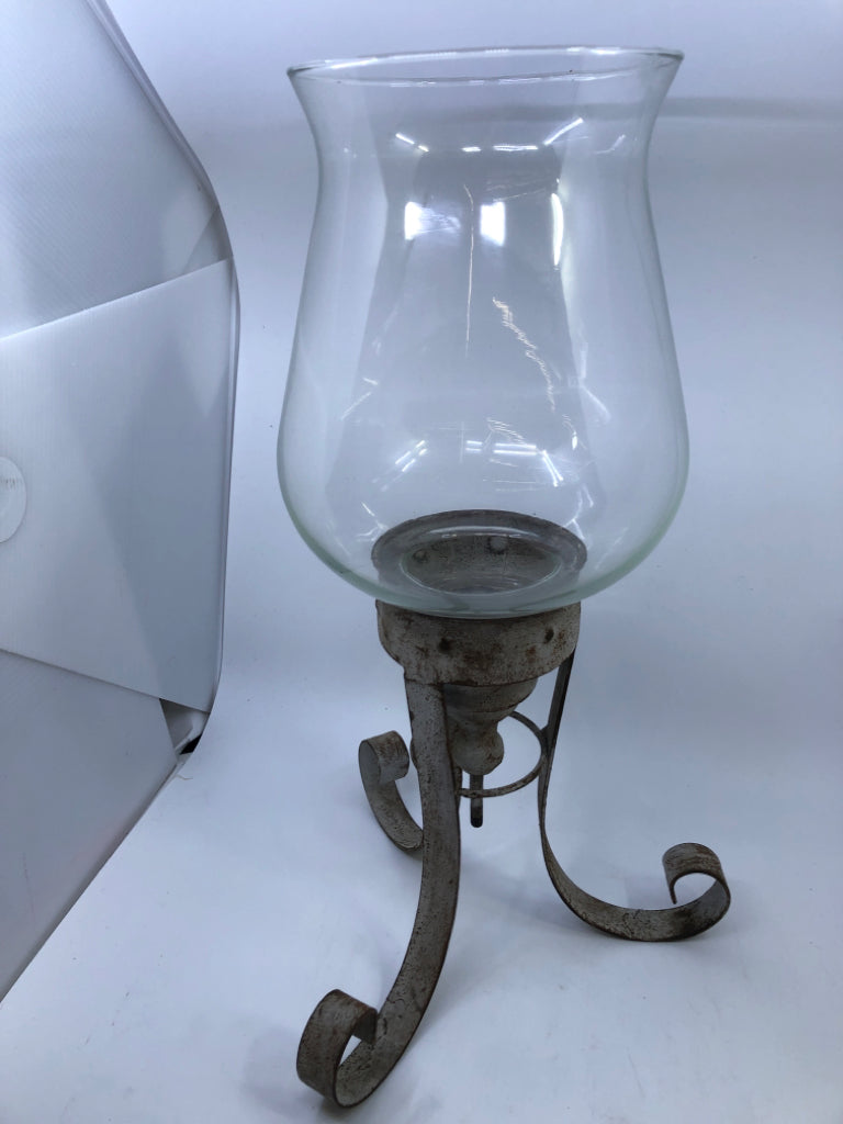 LARGE RUSTIC METAL + GLASS CANDLE HOLDER.