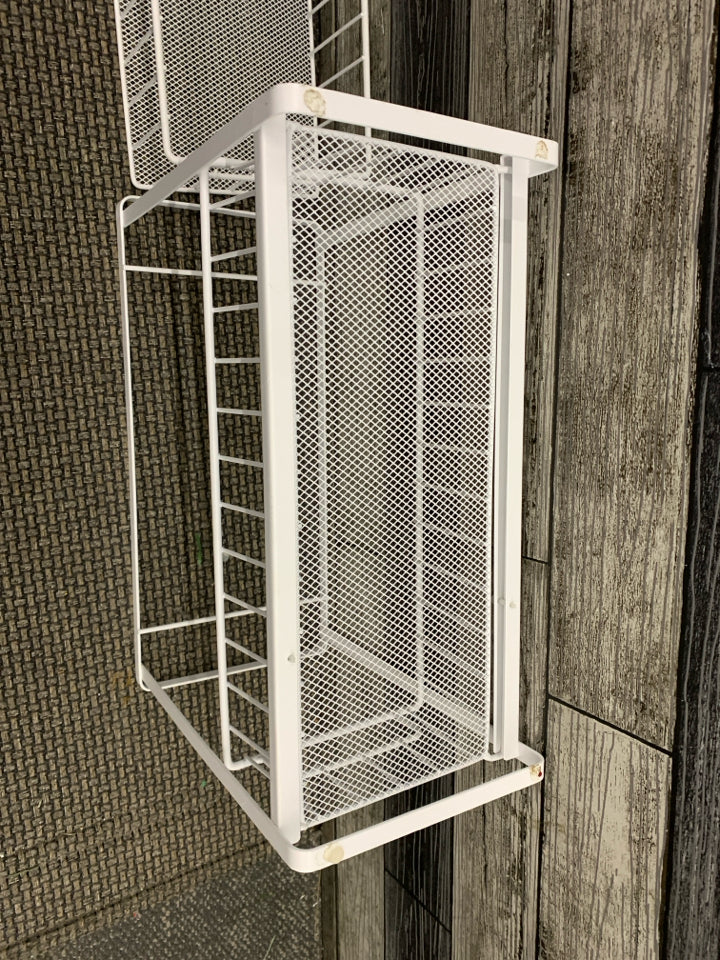 2 TIER WHITE METAL NARROW CABINET STORAGE SHELVES.