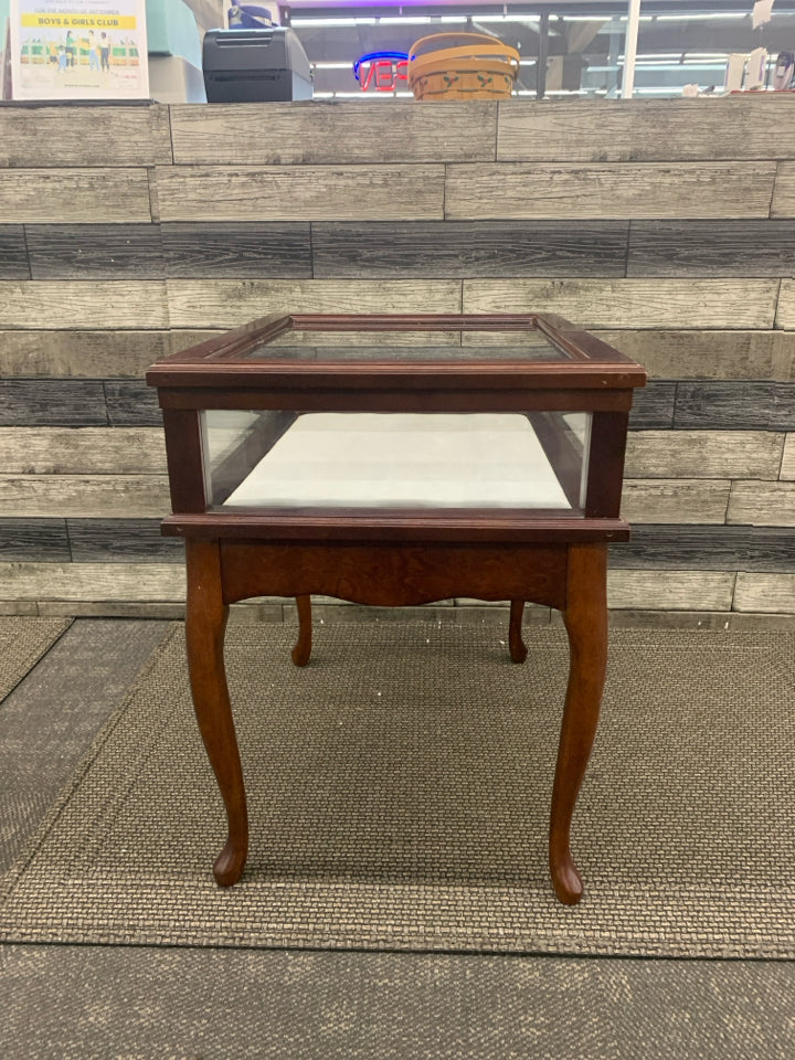 DARK WOOD SHADOW BOX SIDE TABLE.