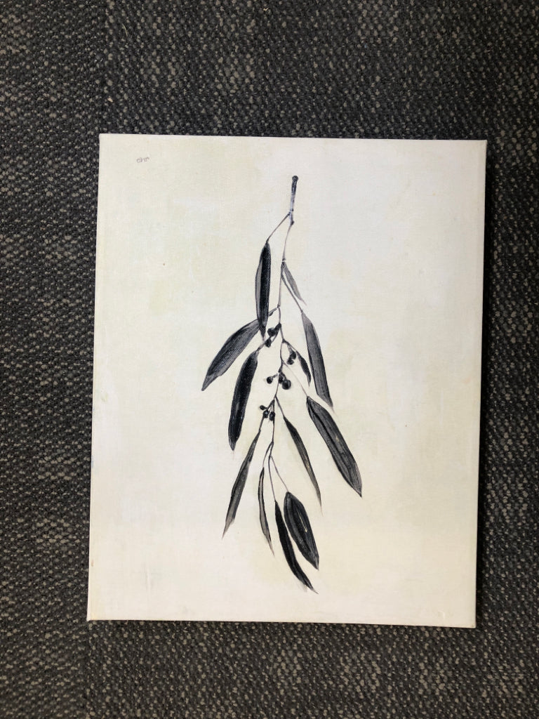 WHITE CANVAS W/BLACK OLIVE BRANCH WALL HANGING.