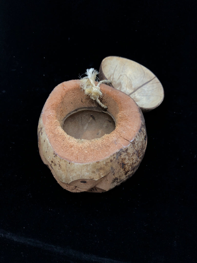 CARVED COCONUT "HAVE FUN" DECOR W/ATTACHED LID.
