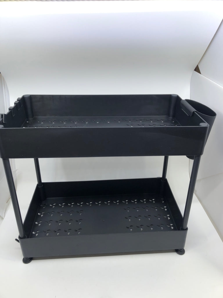 BLACK PLASTIC 2 TIER DISH DRYING RACK W/ SPONGE HOLDER/HOOKS.