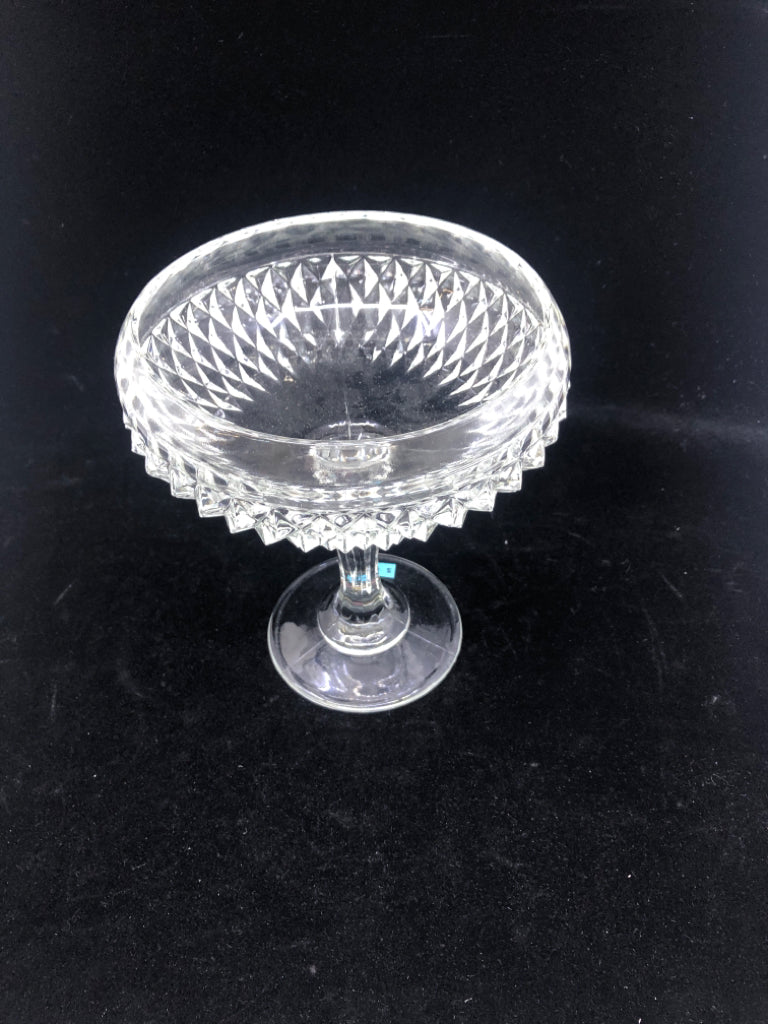 TALL CLEAR CUT GLASS CANDY DISH ON PEDESTAL.