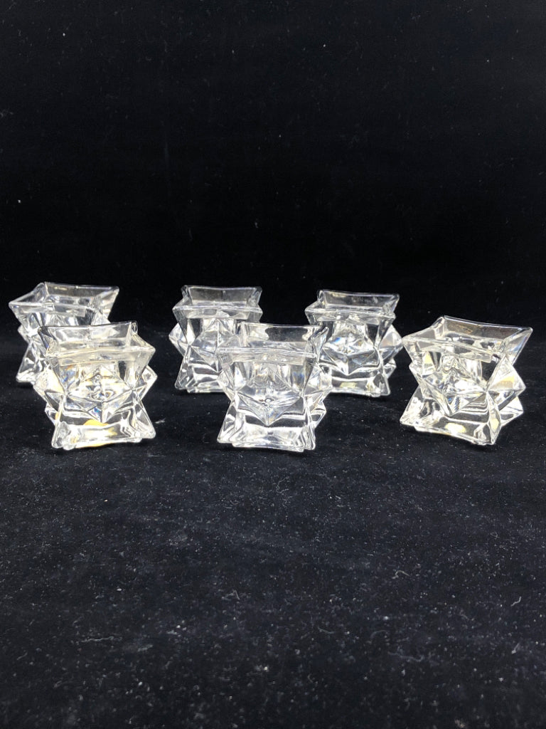 6 TAPERED CRYSTAL CANDLE HOLDERS PINCHED SQUARE.