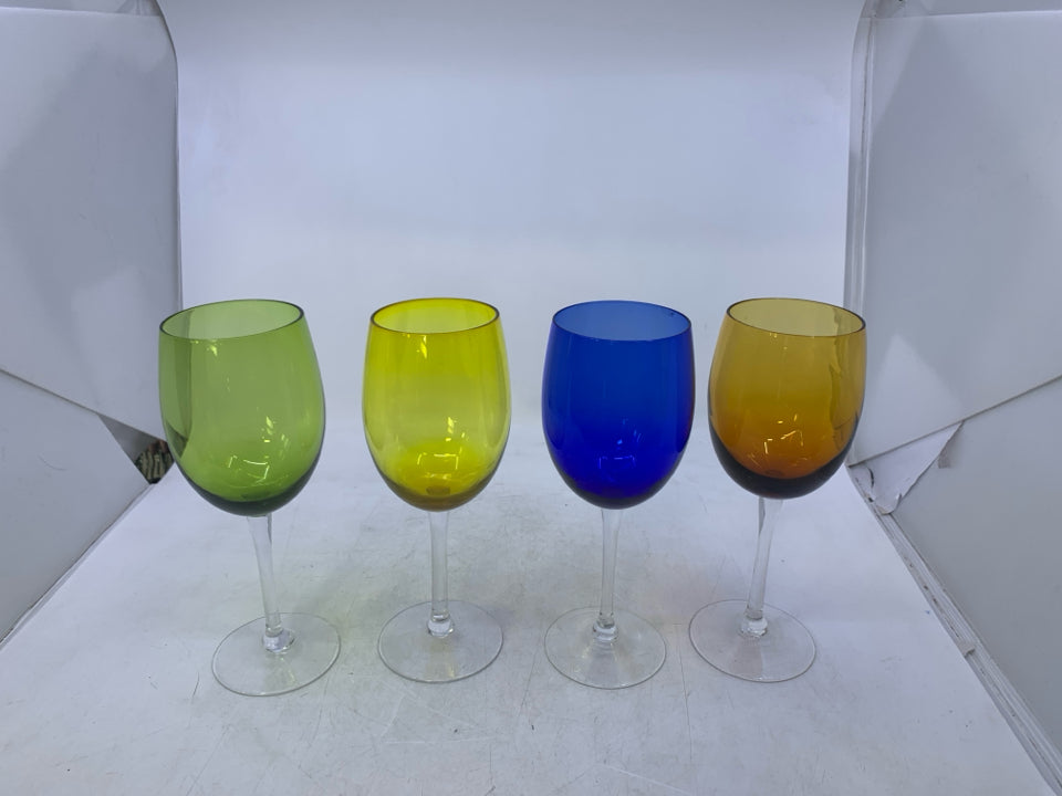 4 ASSORTED COLORED WINE GLASSES.
