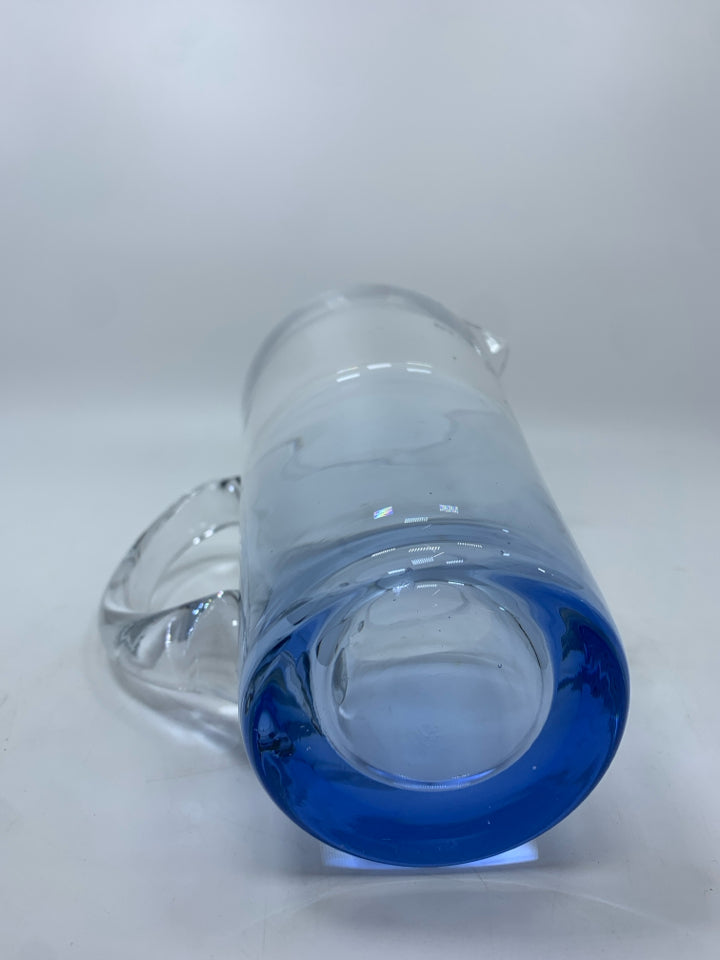 BLOWN GLASS PITCHER W/BLUE DIPPED BOTTOM.