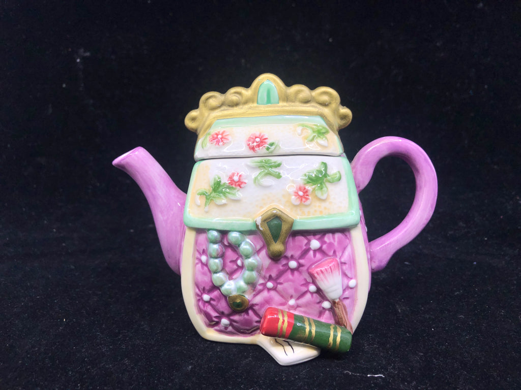 DECORATIVE TEAPOT PURSE WITH PURPLE/GREEN.