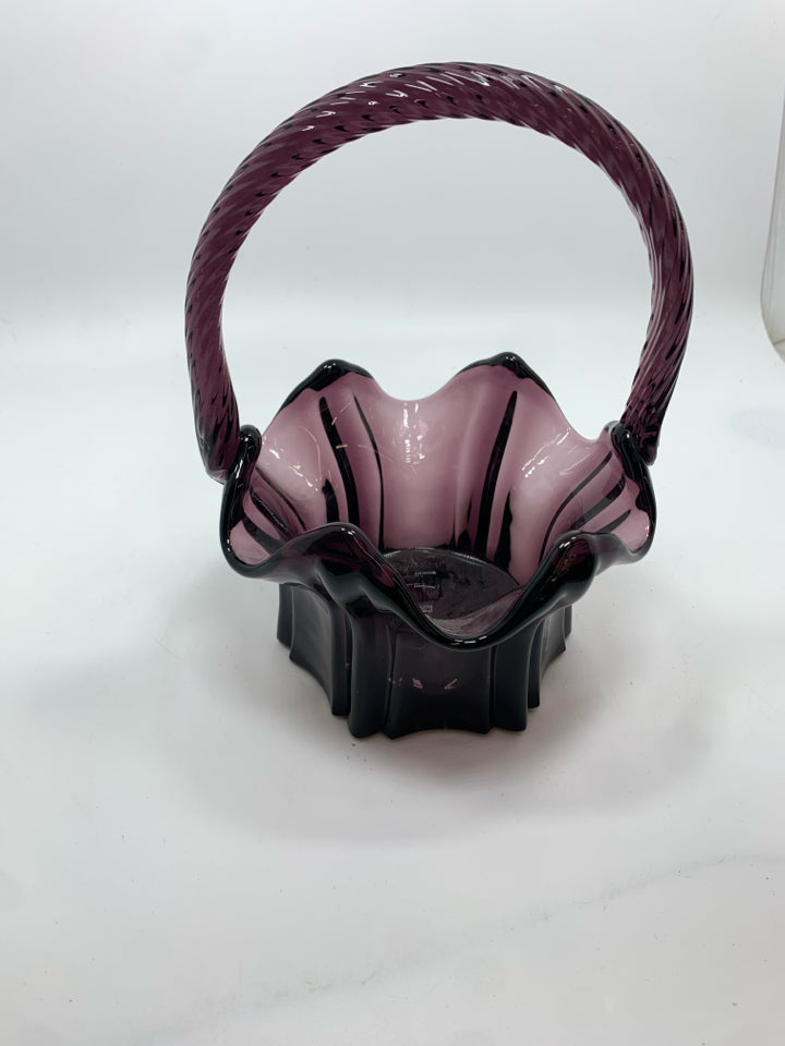 HEAVY PURPLE GLASS BASKET W/TWISTED HANDLE.
