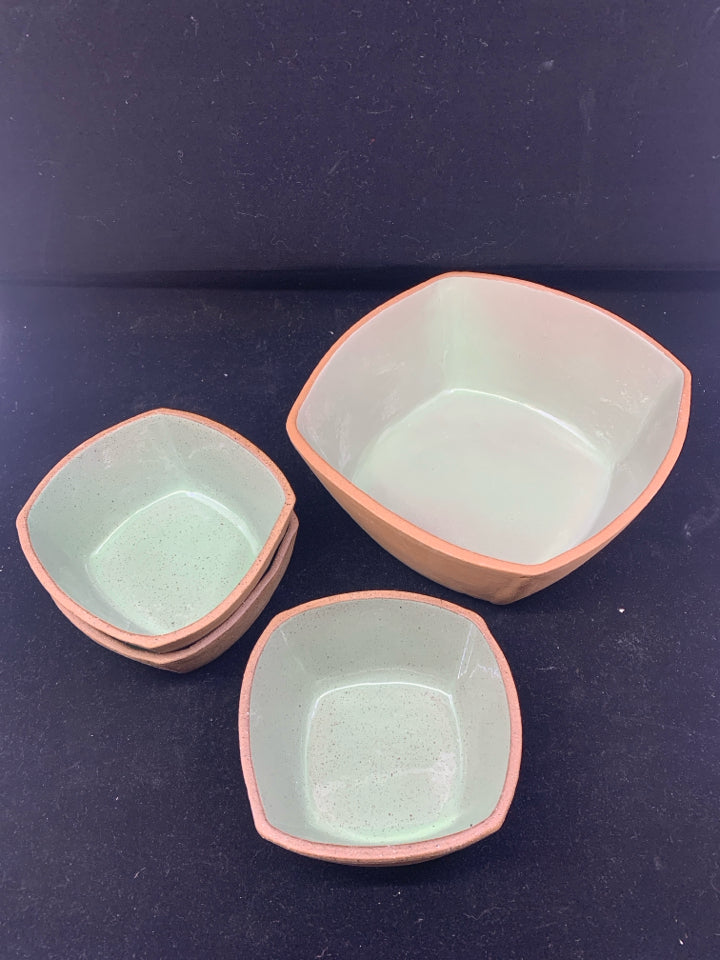 4 PC TERRA COTTA GLAZED SERVING SET- 1 BOWL AND 3 SMALL BOWLS.