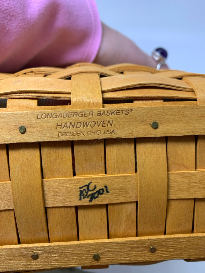 VTG LONGABERGER SMALL BOARDWALK BASKET TOTE W/ DRAWSTRING STRIPED LINER & PROTEC