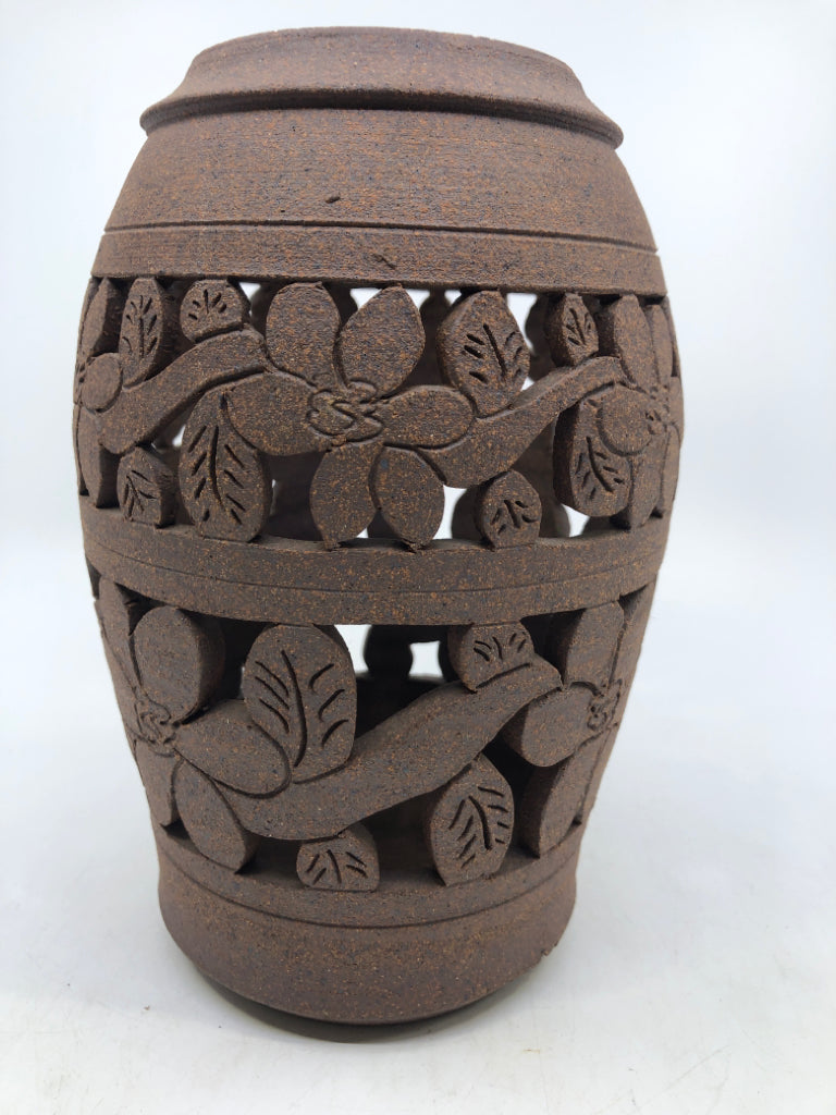 STONE CARVED CUT OUT VASE.