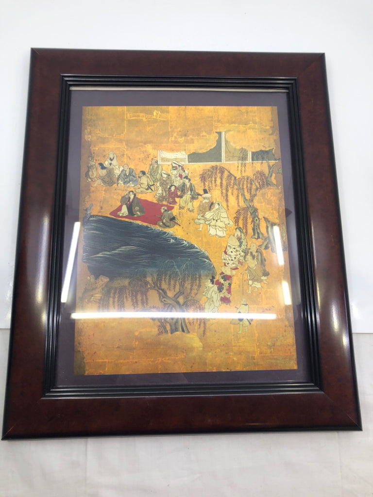 ASIAN STYLE WALL ART IN DARK BROWN FRAME HISTORY ON BACK.