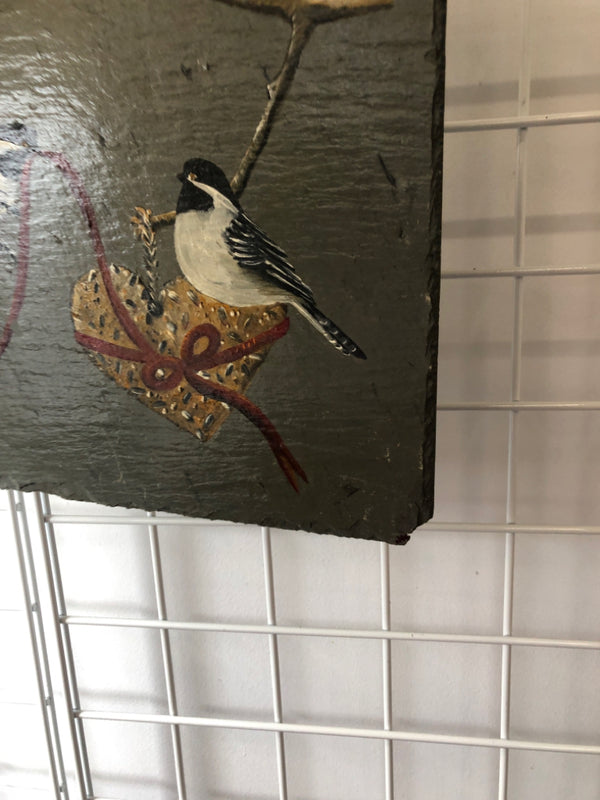 WINTER BIRD WALL HANGING IN NEST SLATE.