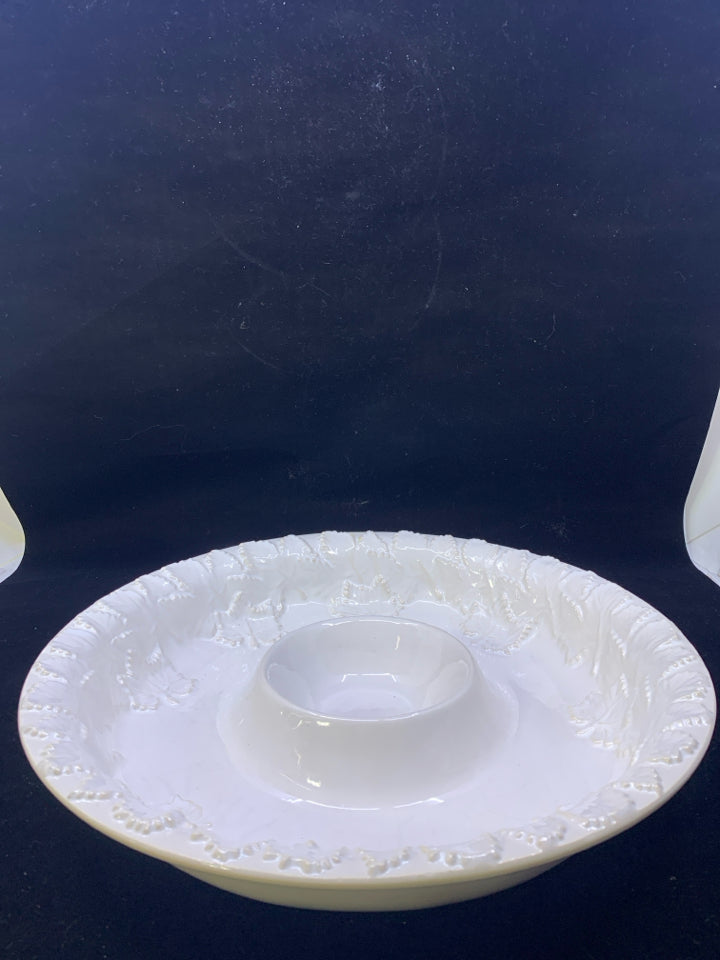 WHITE EMBOSSED LEAF CHIP AND DIP SERVER.