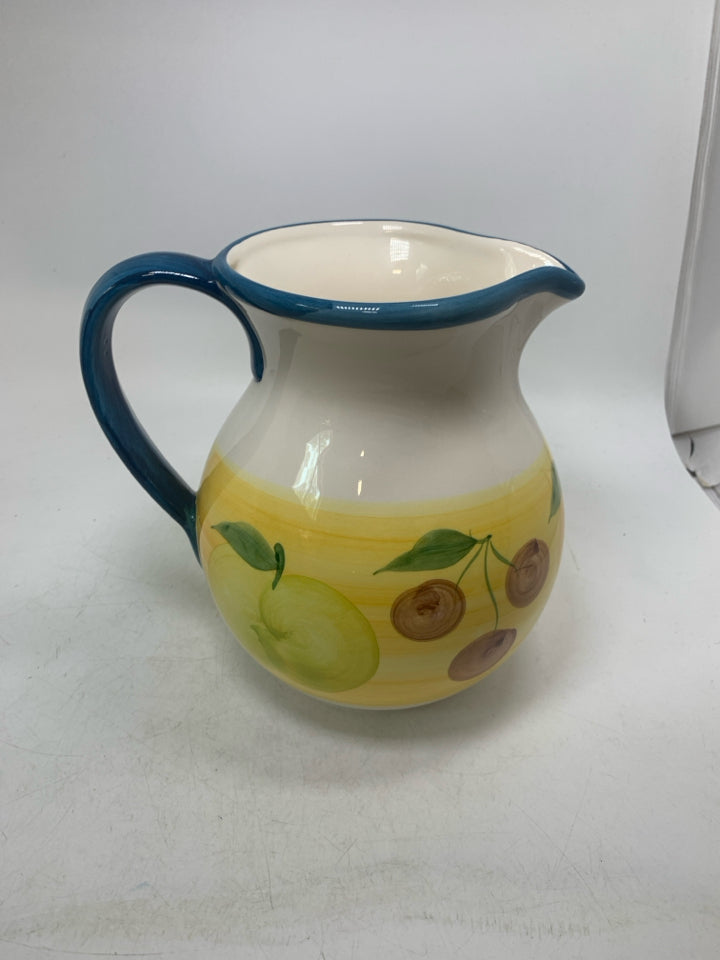 YELLOW BAND W/ GRAPES APPLES CERAMIC PITCHER MADE IN PORTUGAL.