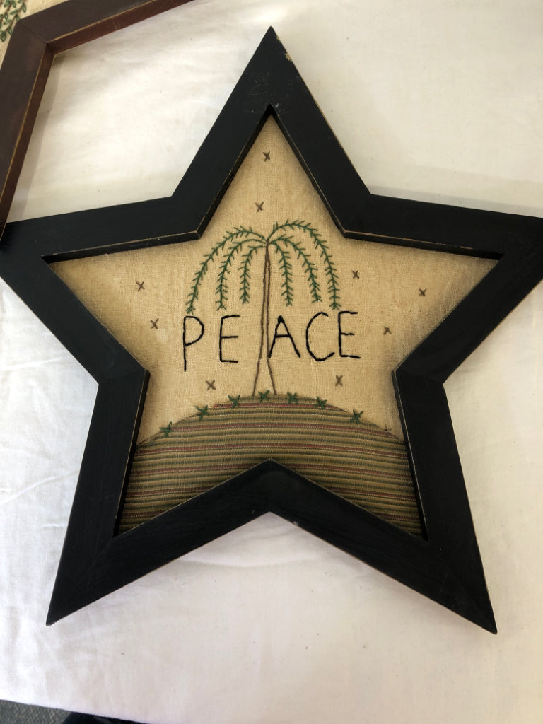 3 PRIMITIVE WOOD/FABRIC STAR WALL HANGING.