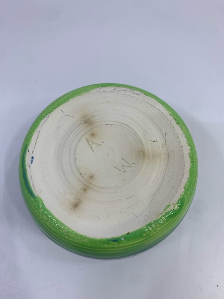 SMALL HANDMADE BLUE AND GREEN GLAZED POTTERY VASE.