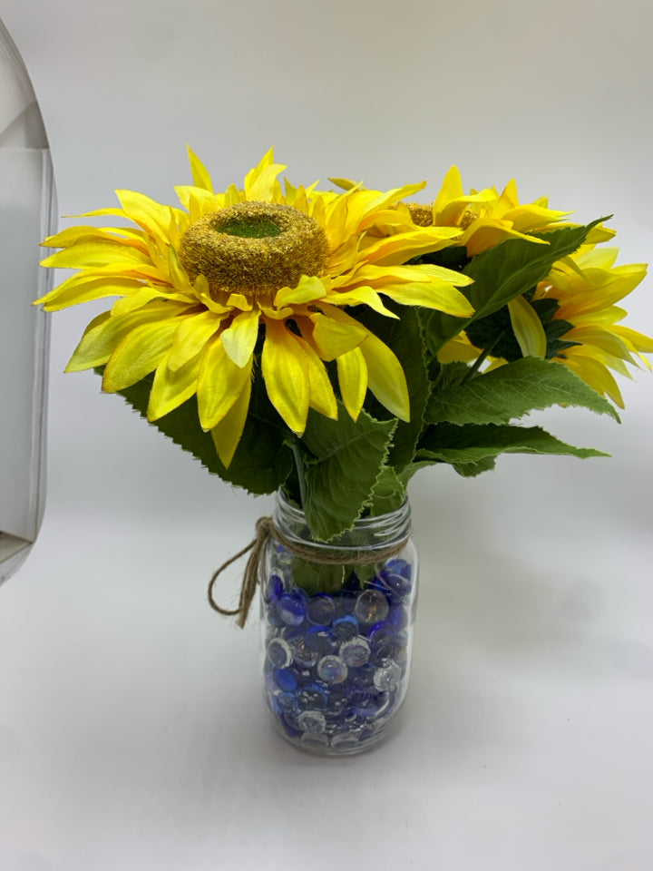 FAUX SUNFLOWERS IN JAR W/GLASS BEADS.