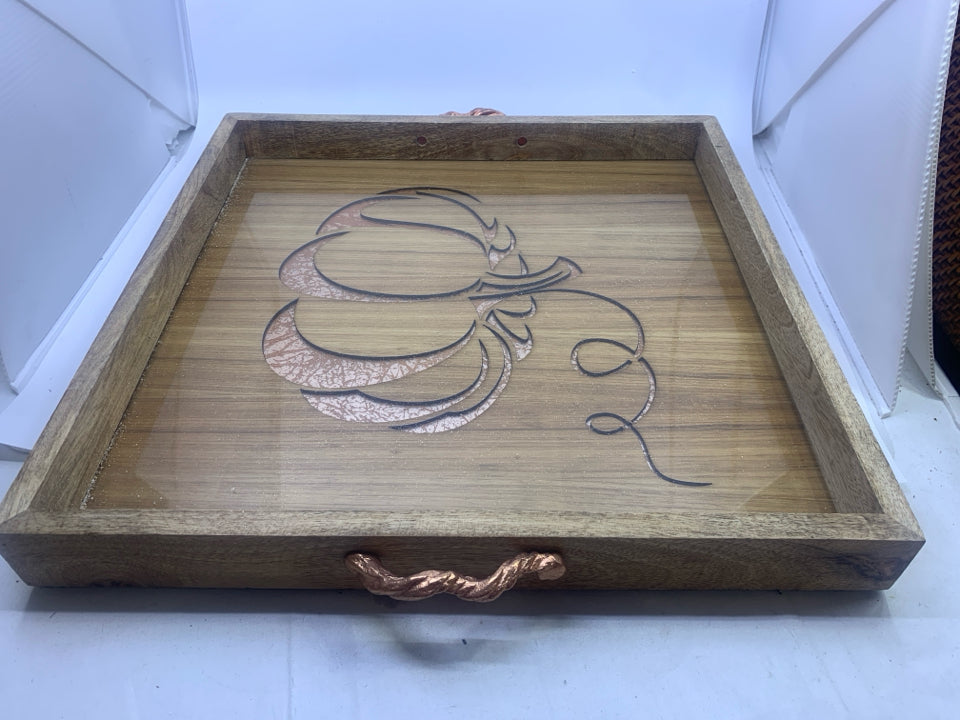 PUMPKIN WOODEN TRAY W/GLASS BOTTOM GOLD HANDLES.