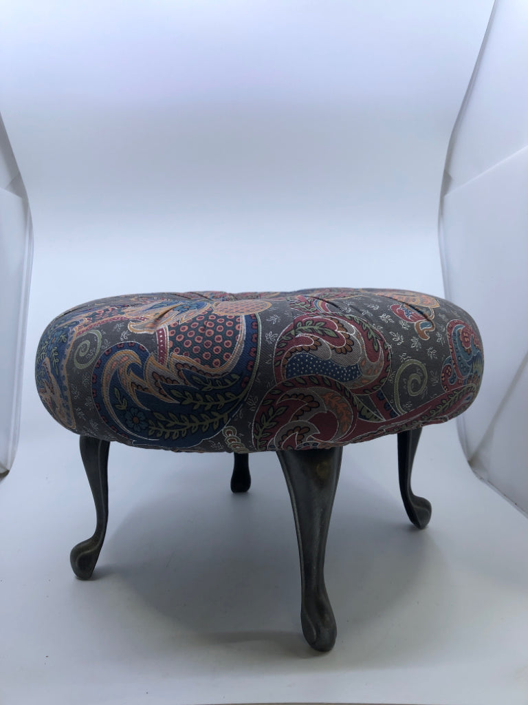 GRAY MULTI COLORED PAISLEY STOOL SILVER LEGS.