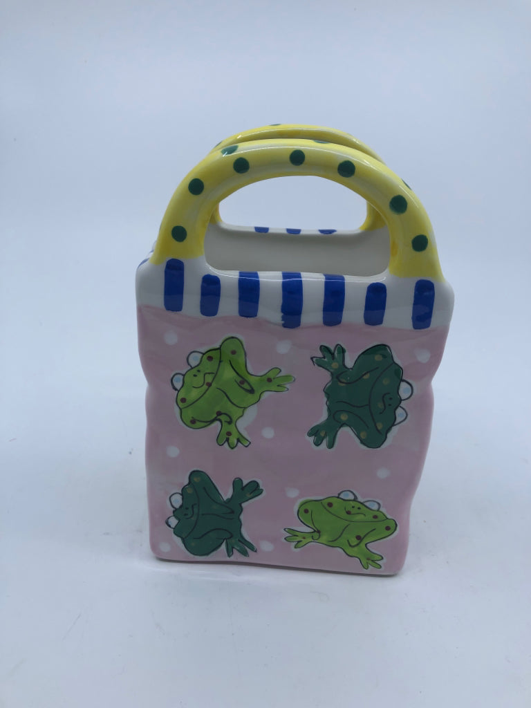 PINK CERAMIC FROG BASKET W HANDLES.