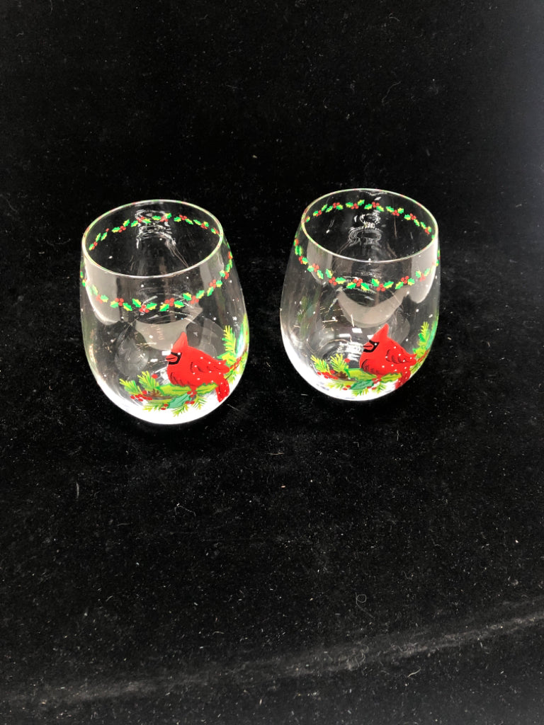 2 CARDINAL ON HOLLY BRANCH WINE GLASSES.
