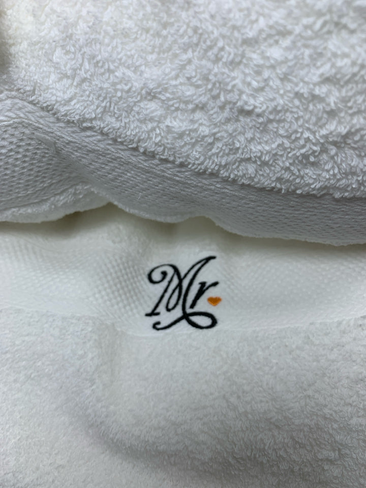 2 PC MR & MRS COTTON EMBROIDERED TOWELS NIP.