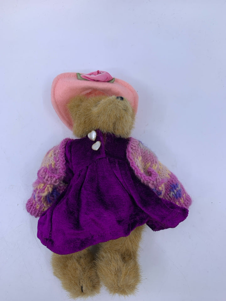 SMALL LIGHT BROWN BEAR W/ DARK PURPLE DRESS & STRIPED SWEATER BOYDS BEAR.