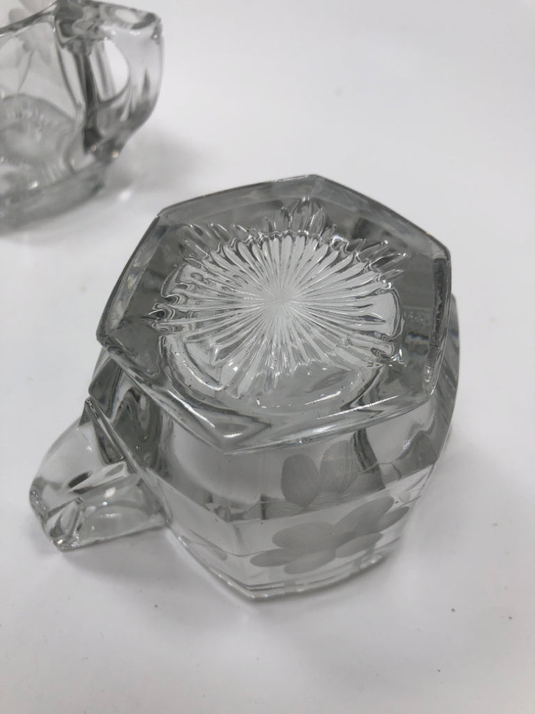VTG HEXAGON GLASS CREAMER AND SUGAR SET W/ETCHED FLOWERS.