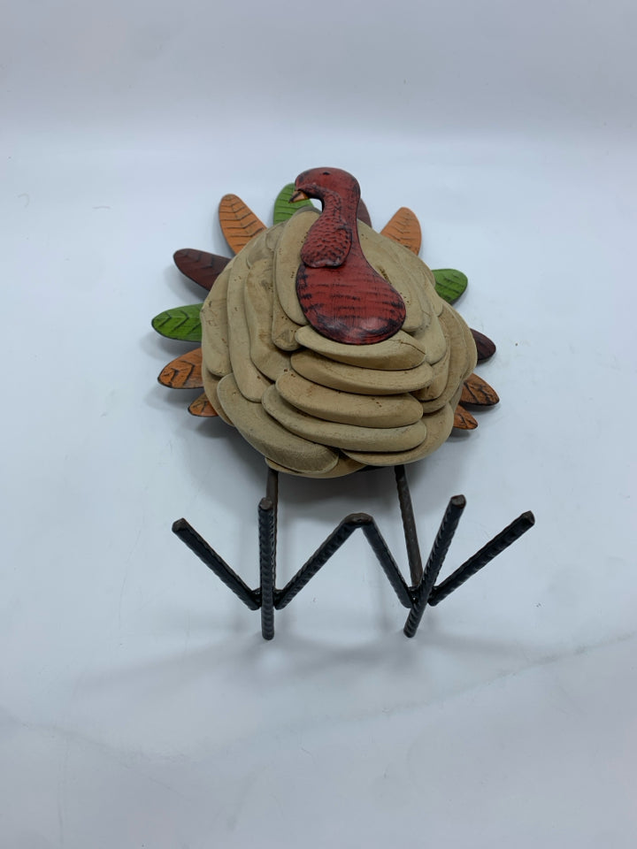 LAYERED WOOD & METAL TURKEY FIGURE.