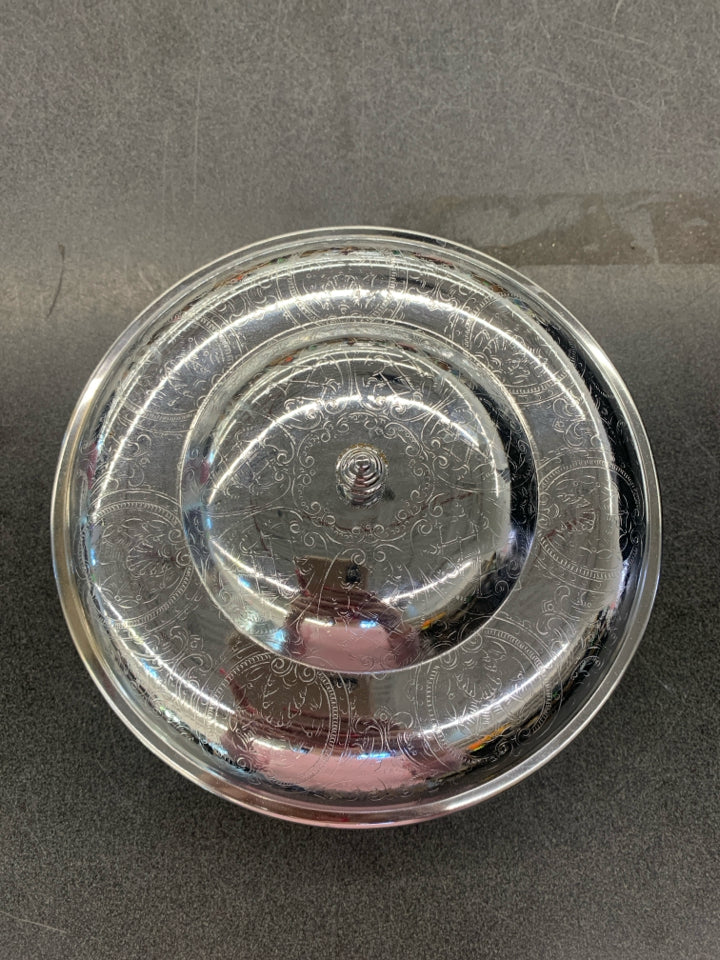 VTG DIVIDED ETCHED GLASS DISH W/SILVER LID.
