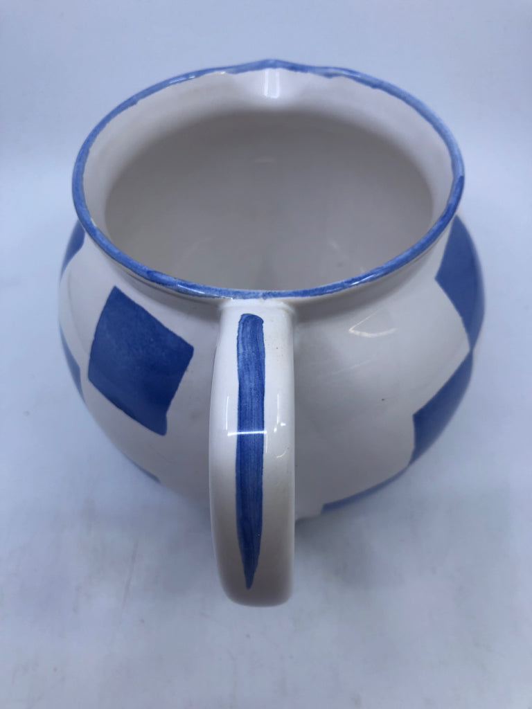 BLUE, WHITE CHECKERED CERAMIC PITCHER.
