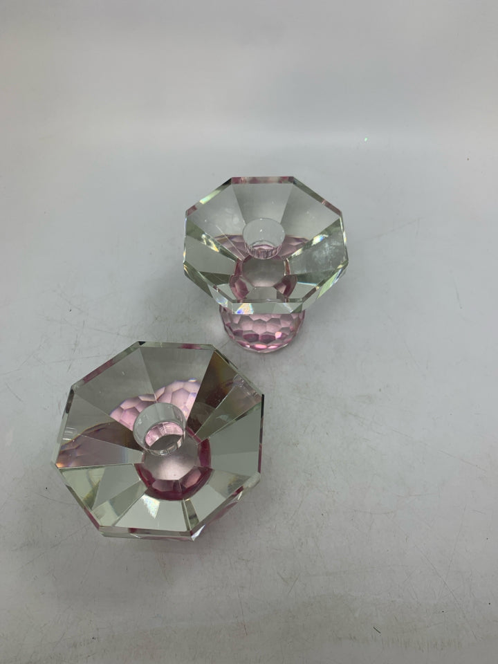 2 HEAVY OCTAGON GLASS TAPERED CANDLE W/ PINK BASE.