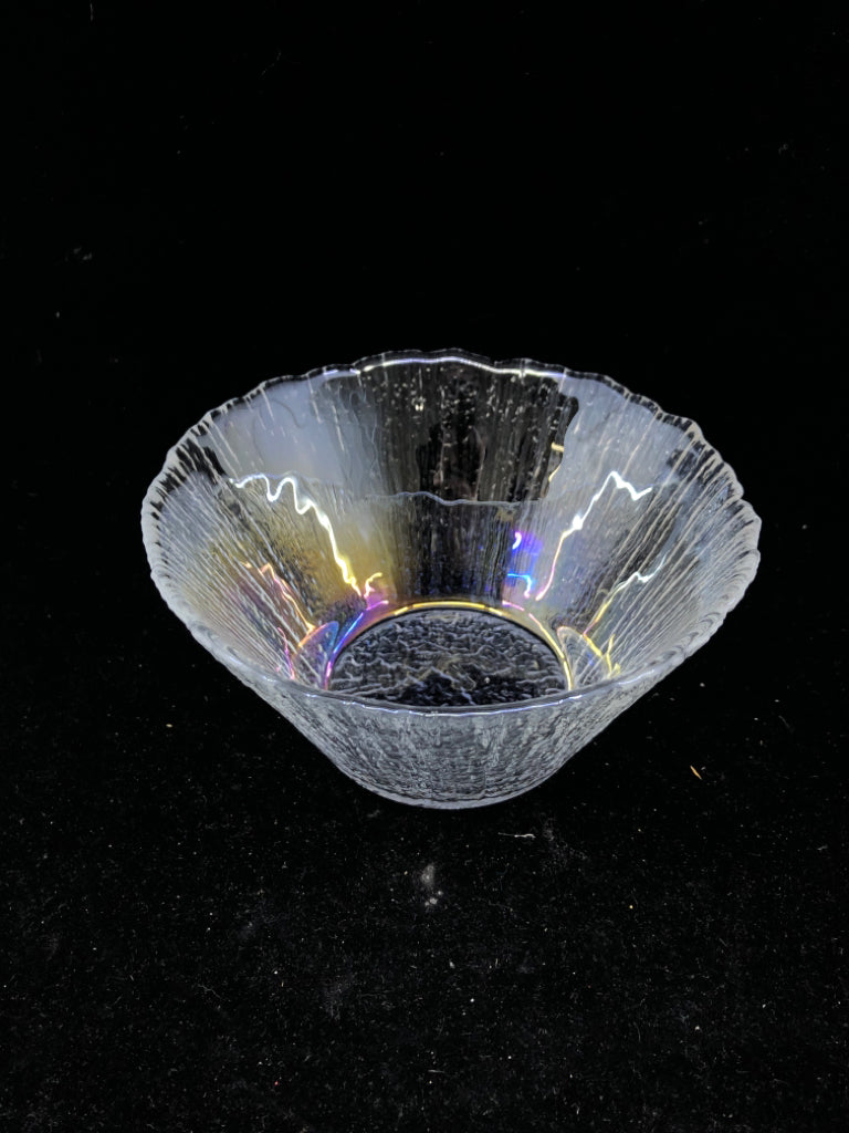 IRIDESCENT GLASS BOWL W WAVY EDGE.