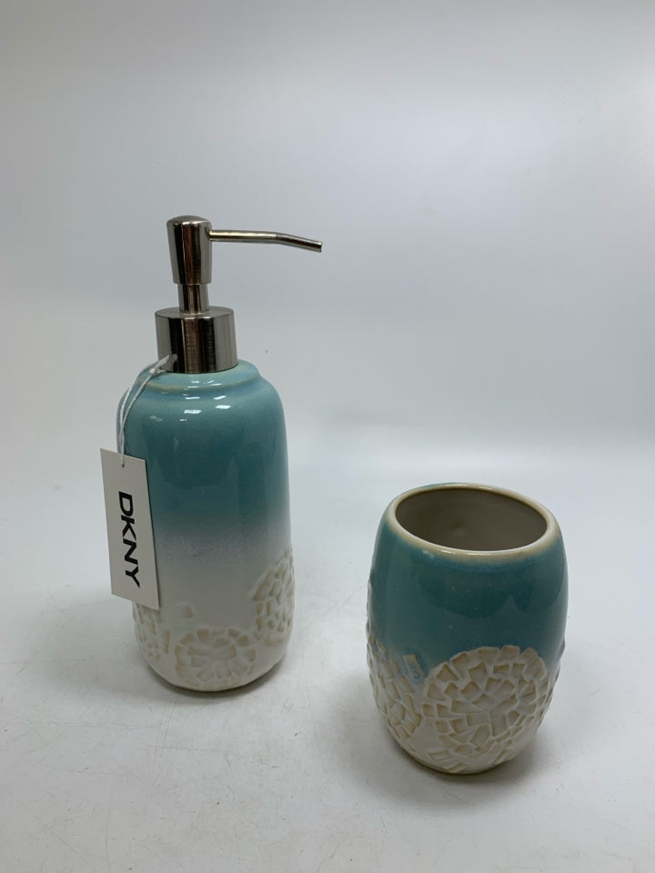 2 PC WHITE TEXTURED BOTTOM LIGHT BLUE TOP SOAP DISPENSER & TOOTHBRUSH CUP.
