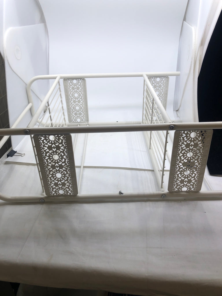 WHITE METAL 2 TIER SHELF W/ LACE DETAIL SIDES/ TOWEL RACK.