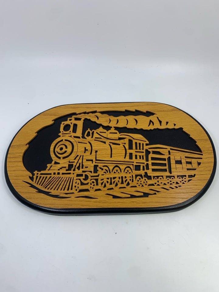 WOOD CARVED TRAIN ON BLACK WOOD BACKGROUND WALL DECOR.