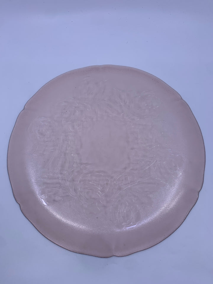 ARCOROC PINK GLASS PLATTER W/ EMBOSSED FLOWERS.