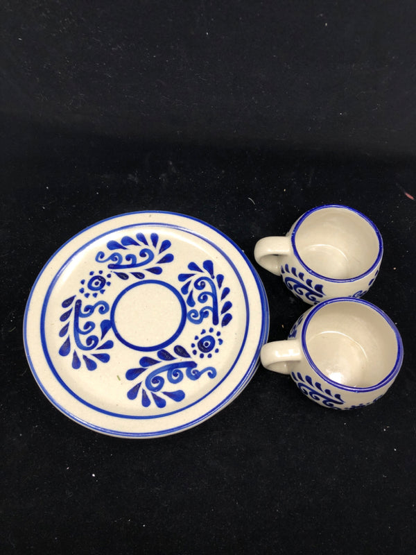 4PC BLUE AND GREY PLATES AND MUGS.