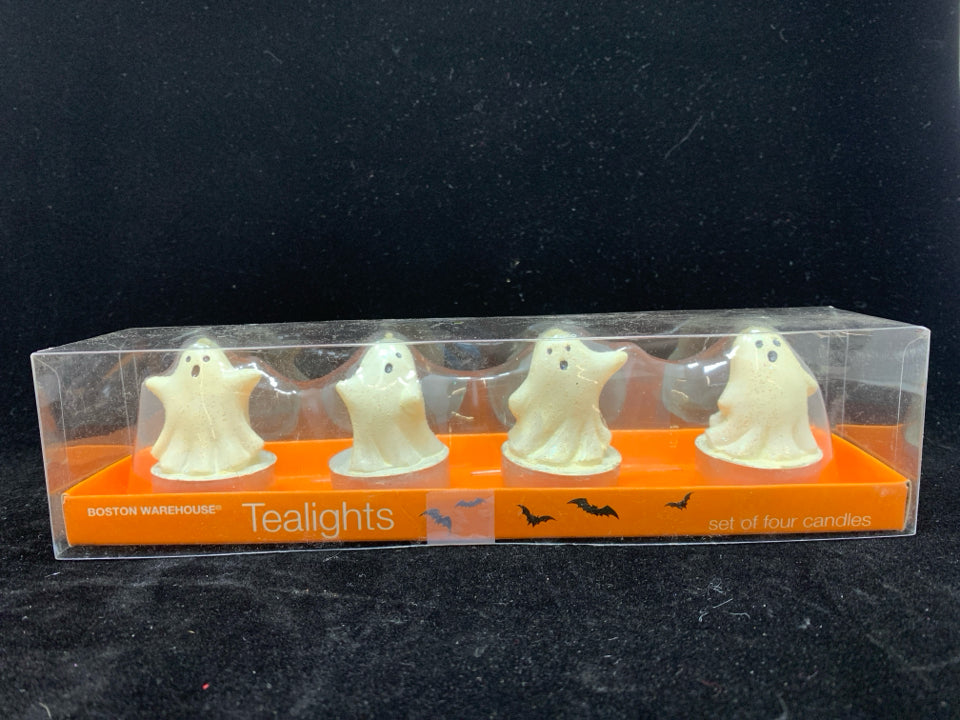 NIB 4PK GLITTER GHOST TEA LIGHT CANDLES.